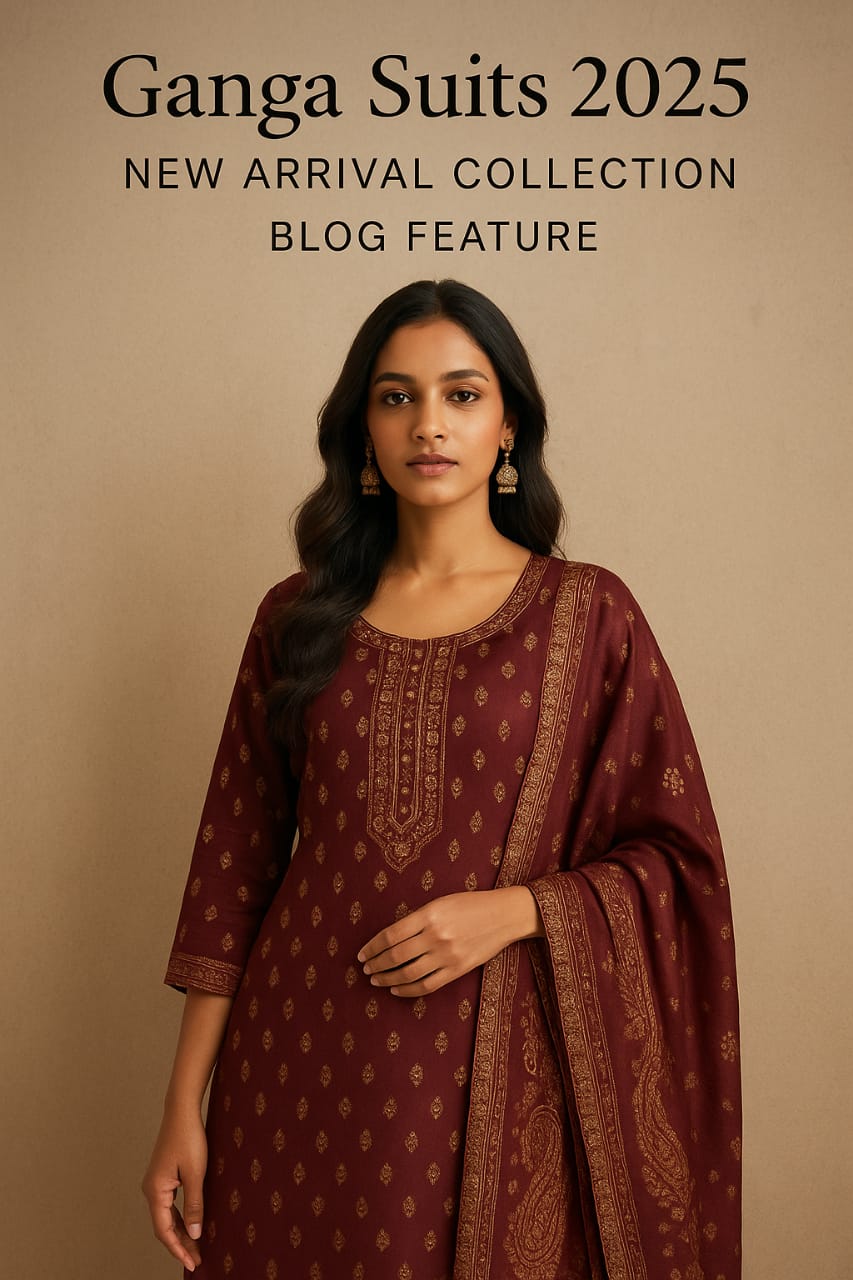 A stylish young woman wearing Ganga Suits 2025 collection, showcasing elegant fabric design for blog feature image.