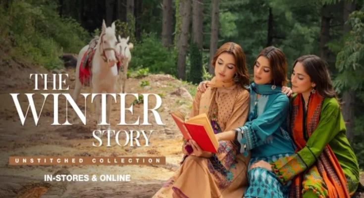 Elegant Gul Ahmed Eid collection lawn dress with zari embroidery and festive floral design