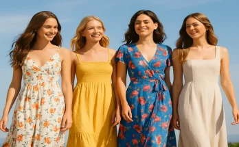 Four young women wearing stylish women's summer dresses in bright colors, posing outdoors in sunny weather – 2025 fashion trends