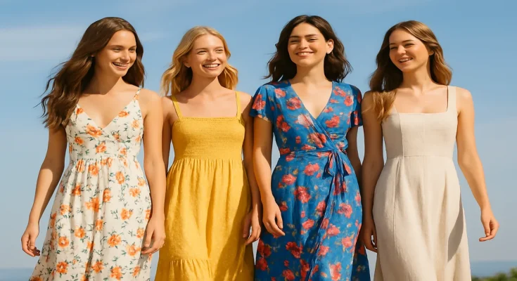 Four young women wearing stylish women's summer dresses in bright colors, posing outdoors in sunny weather – 2025 fashion trends